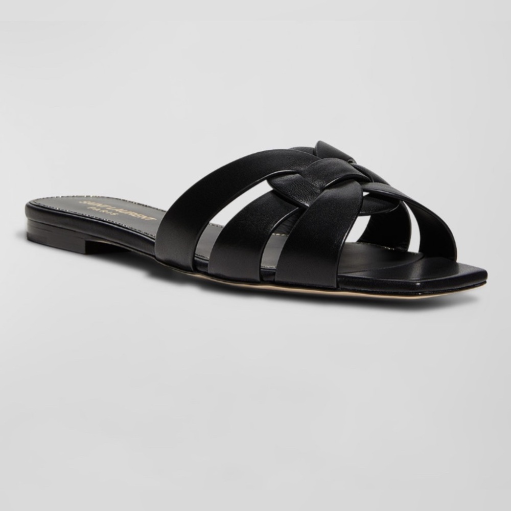 YSL Saint Laurent Nu Pieds Tribute Flat Mules Slides Sandals Black Nero 41